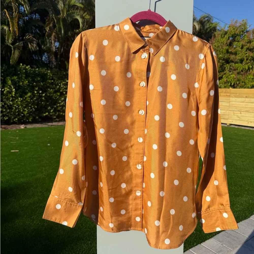 J crew polka dot silk blouse button down sz 4 - Picture 2 of 5